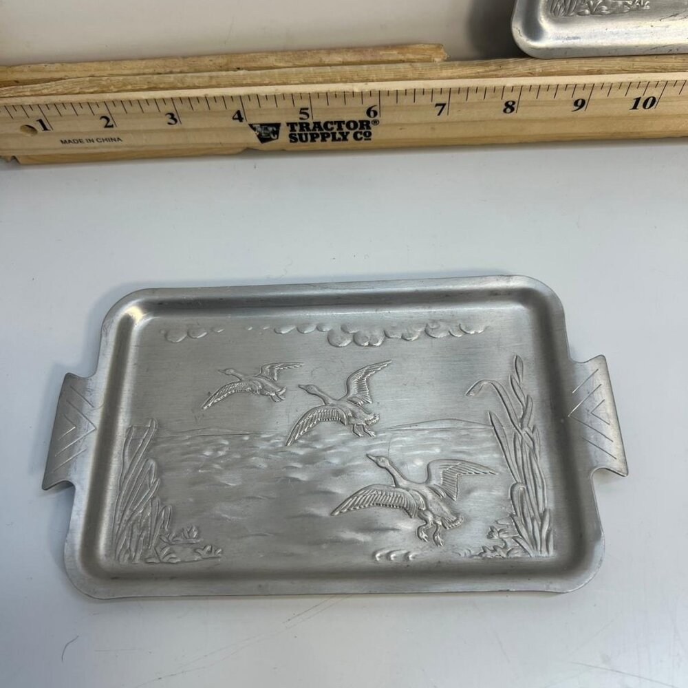 Vintage Aluminum Serving Trays Duck Pond Scene Set of Two Silver - Picture 2 of 4